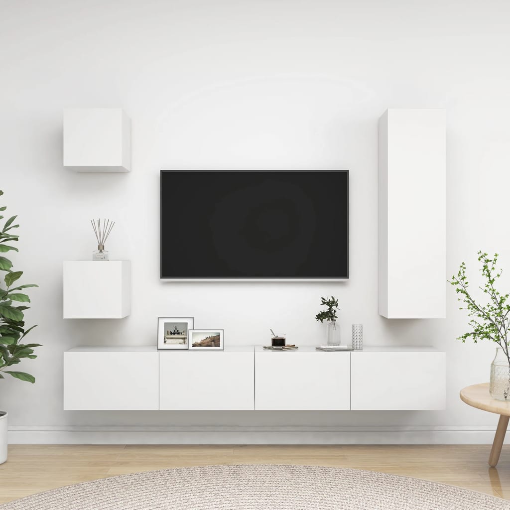 5 Pcs conjunto de móveis de TV derivados de madeira branco