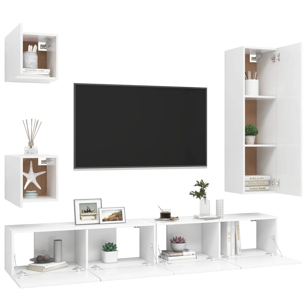 5 Pcs conjunto de móveis de TV derivados de madeira branco