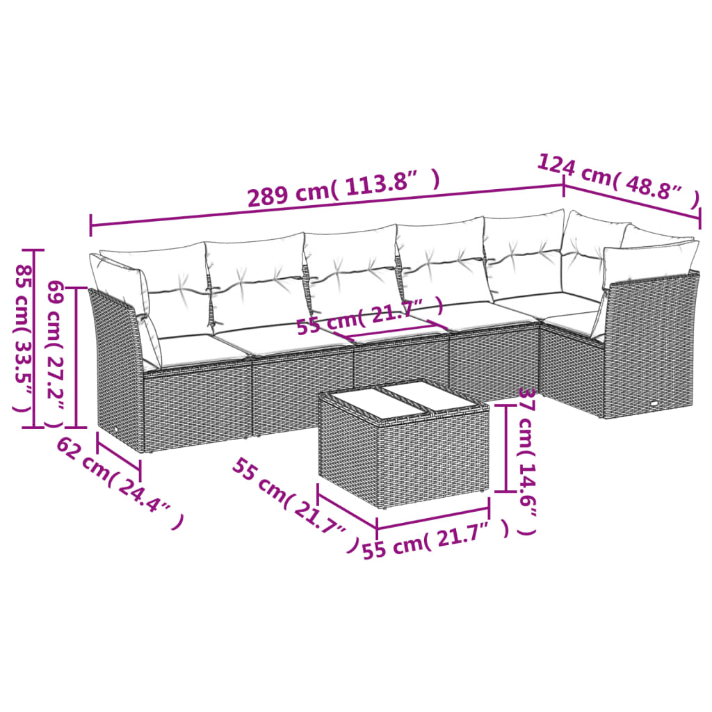 7 Pcs conjunto de sofás p/ jardim com almofadões vime PE bege