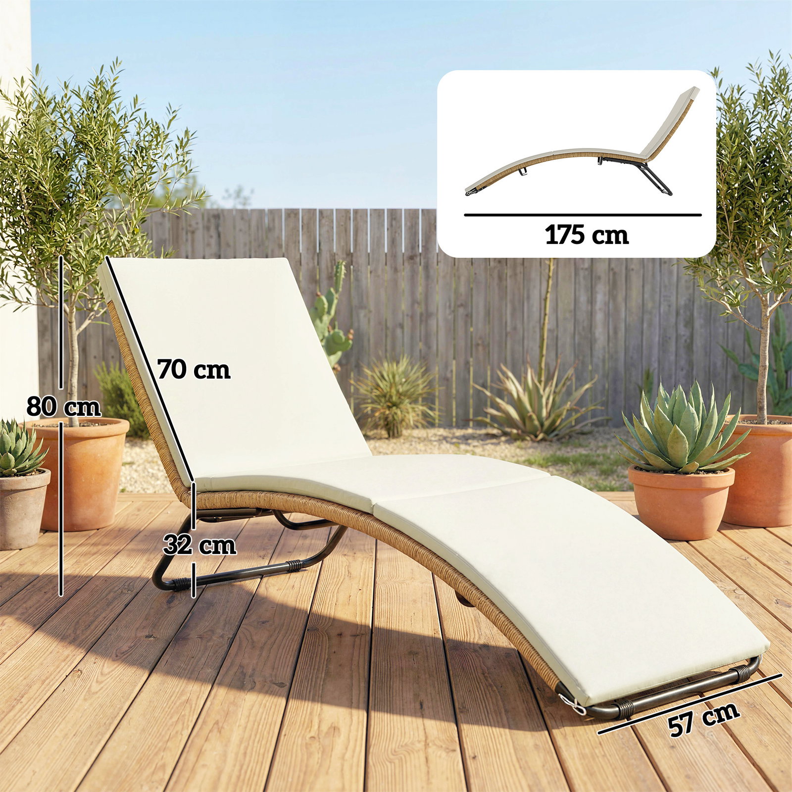 Espreguiçadeira de jardim exterior de vime em forma de s com almofada, assento respirável e estrutura de aço para pátio creme