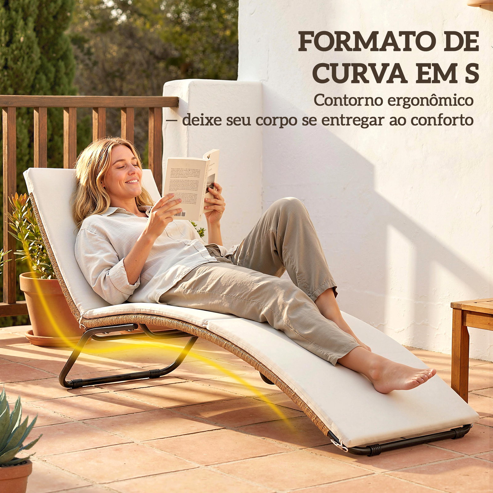 Espreguiçadeira de jardim exterior de vime em forma de s com almofada, assento respirável e estrutura de aço para pátio creme