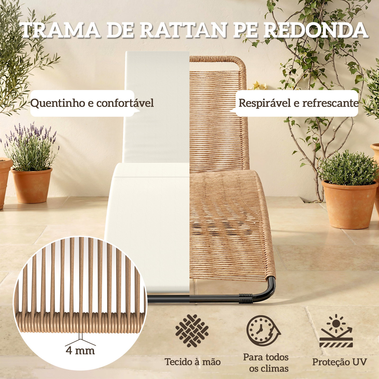 Espreguiçadeira de jardim exterior de vime em forma de s com almofada, assento respirável e estrutura de aço para pátio creme