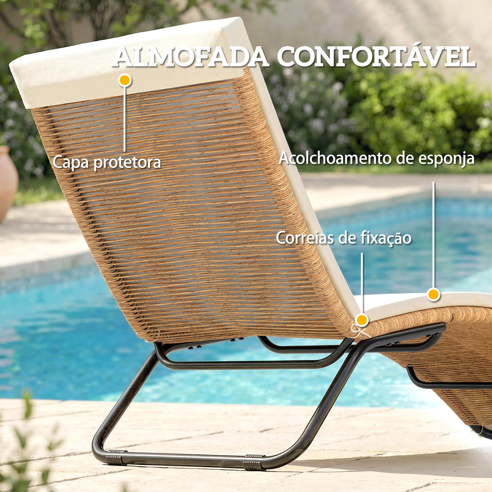 Espreguiçadeira de jardim exterior de vime em forma de s com almofada, assento respirável e estrutura de aço para pátio creme