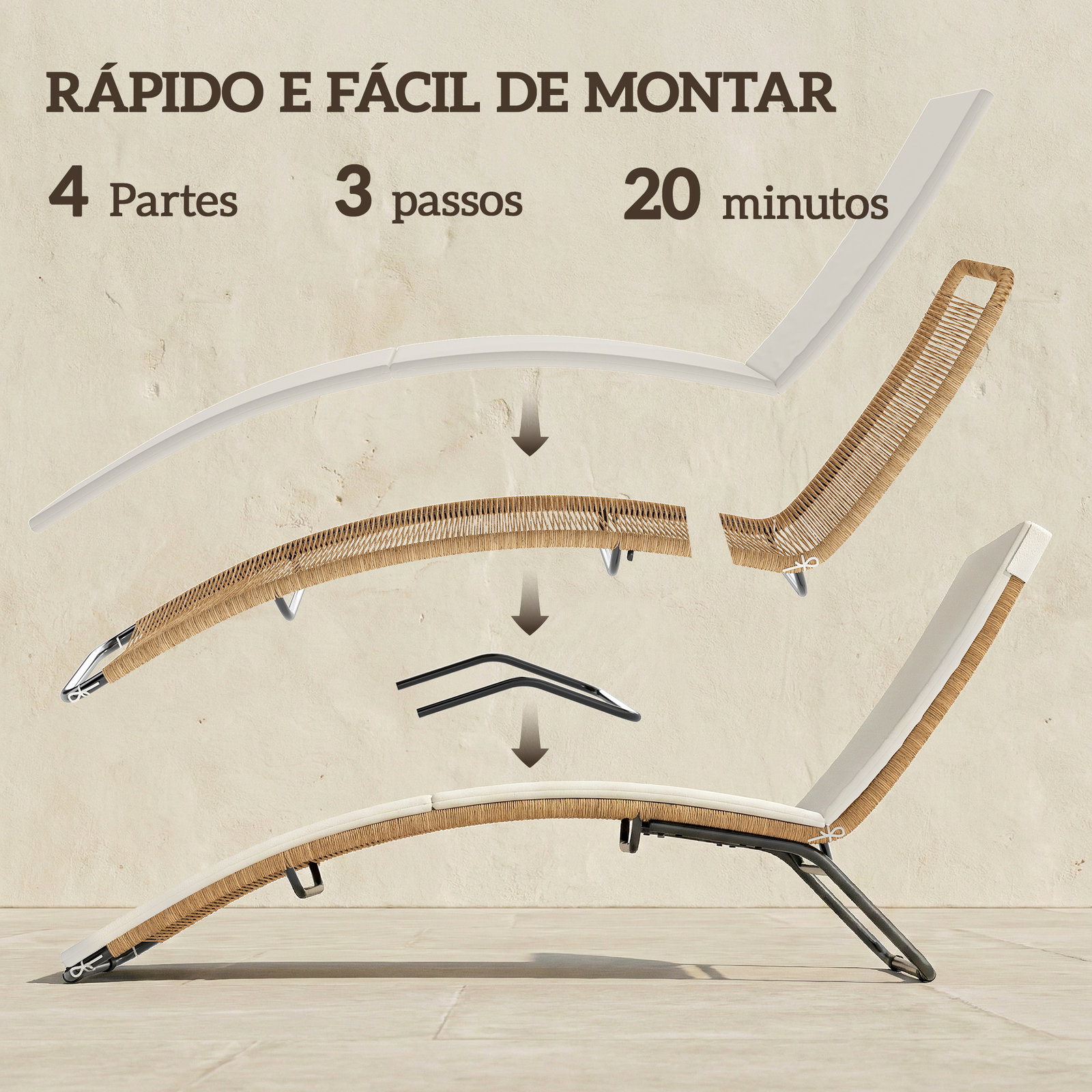 Espreguiçadeira de jardim exterior de vime em forma de s com almofada, assento respirável e estrutura de aço para pátio creme