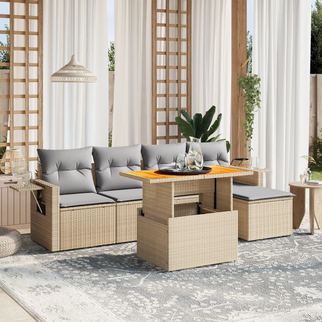 6 Pcs conjunto de sofás p/ jardim com almofadões vime PE bege
