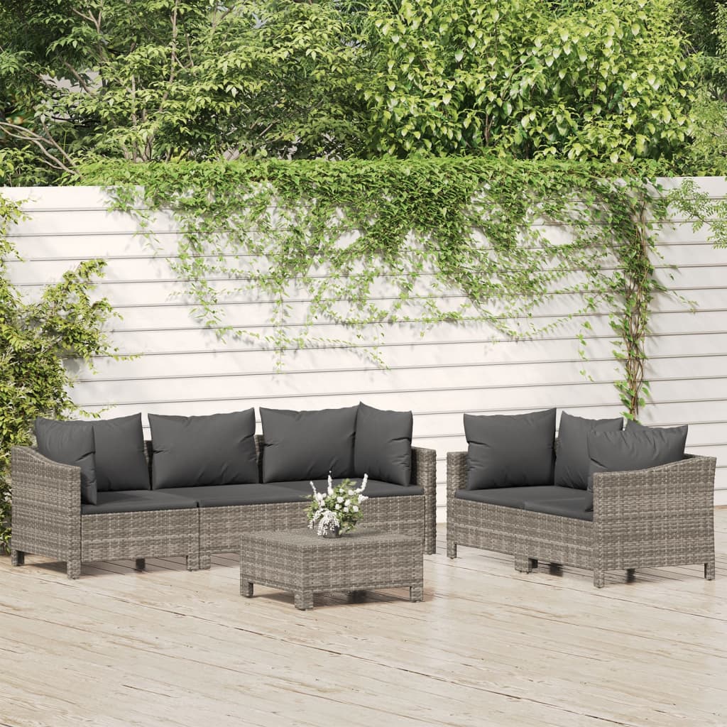 6 Pcs conjunto lounge de jardim c/ almofadões vime PE cinzento