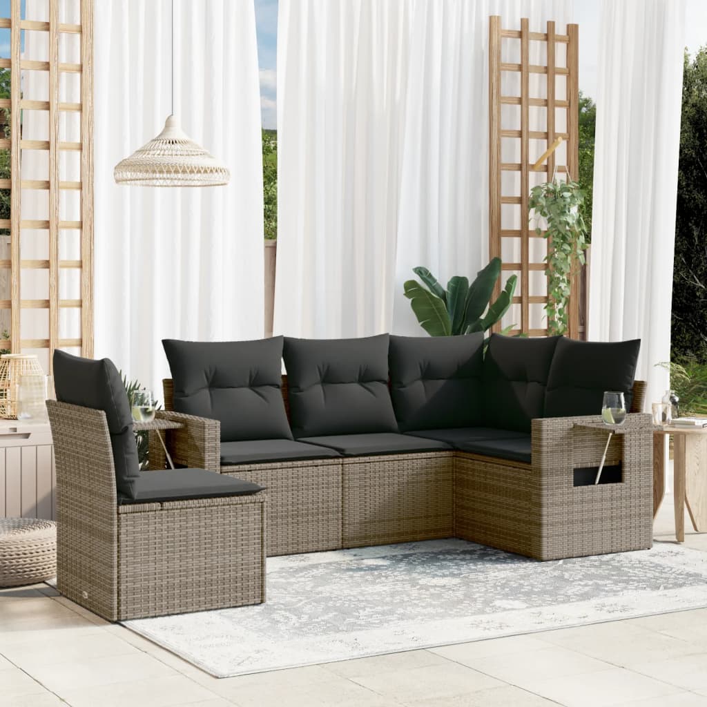 Conjunto de sofá de jardim de 5 peças com almofadas em rattan sintético cinza