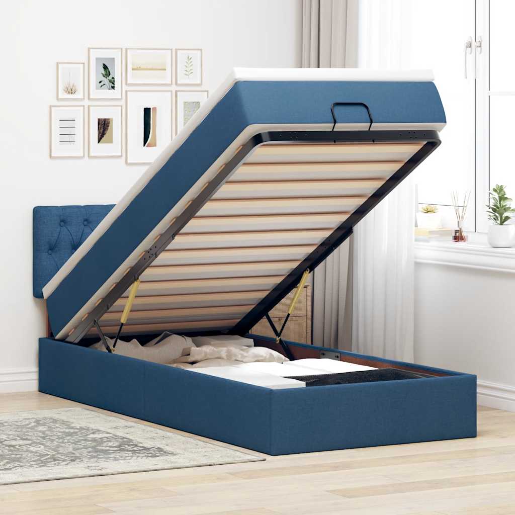 Estrutura de cama otomana com colchão tecido azul 90x190cm