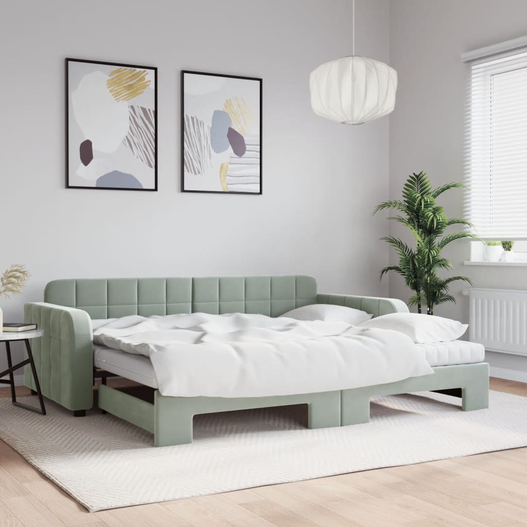 Sofá-cama c/ gavetão e colchões 90x190 cm veludo cinzento-claro
