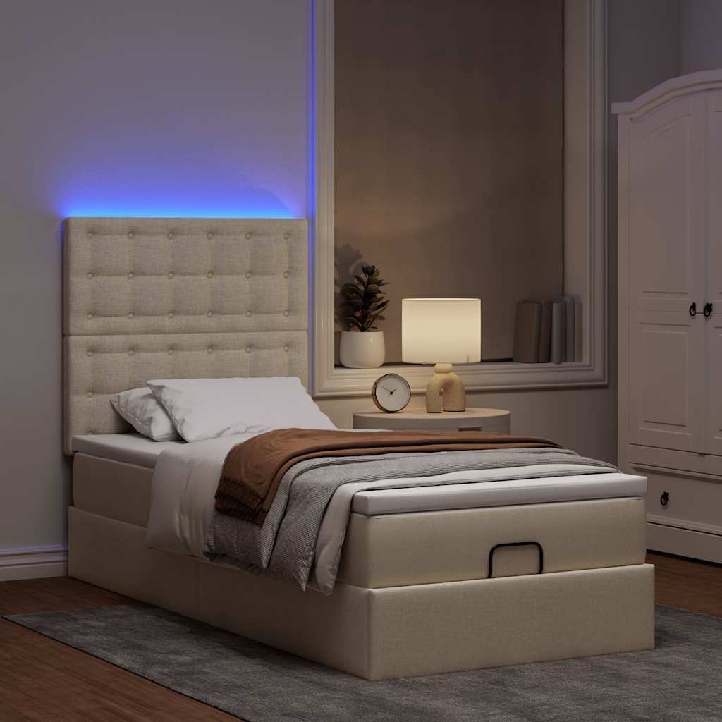 Cama otomana com colchão & leds 90x200 cm tecido creme