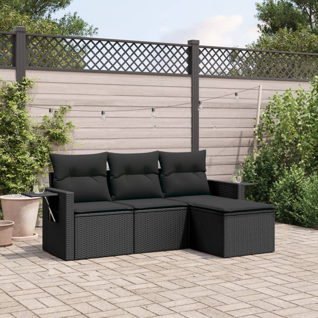 4 Pcs conjunto de sofás para jardim c/ almofadões vime PE preto