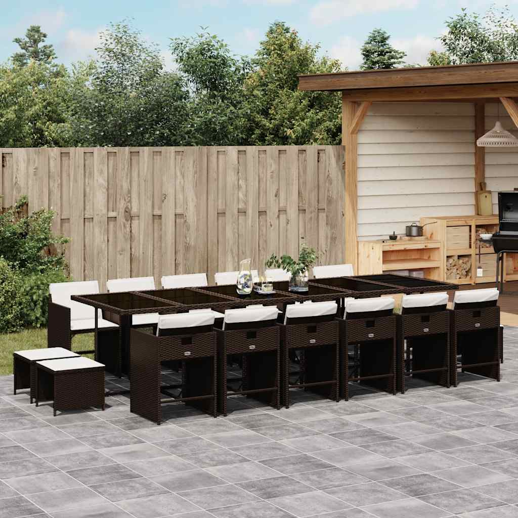 17 Pcs conjunto jantar p/ jardim c/ almofadões vime PE castanho