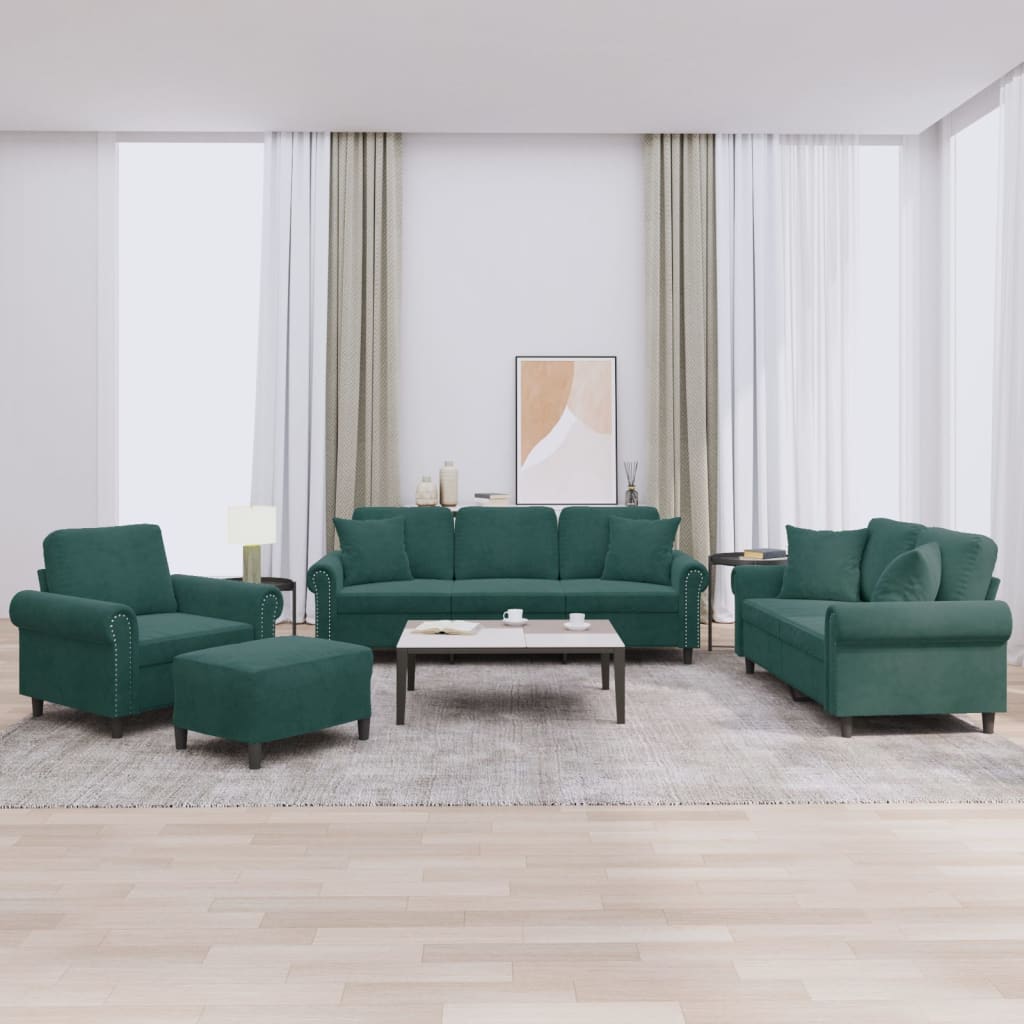 4 Pcs conjunto de sofás com almofadas veludo verde-escuro