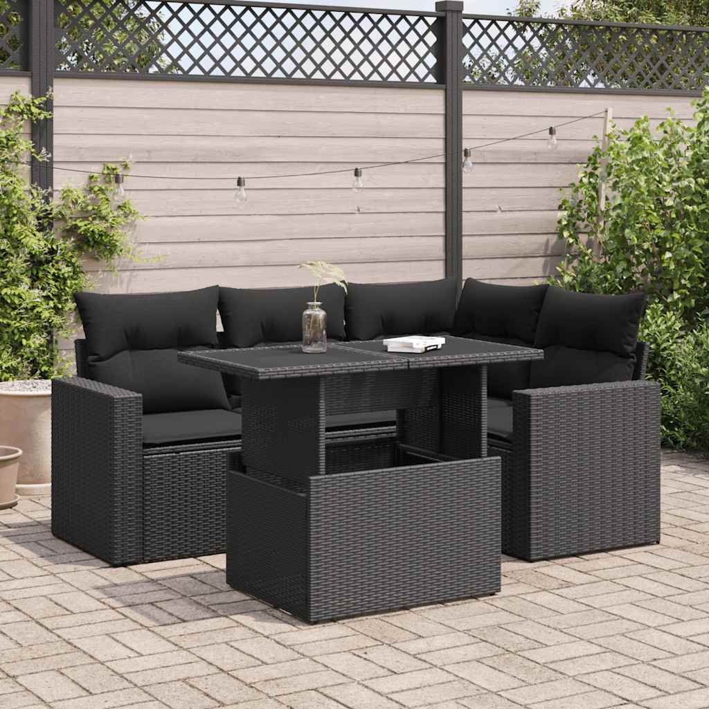 5 Pcs conjunto sofás de jardim com almofadões vime PE preto