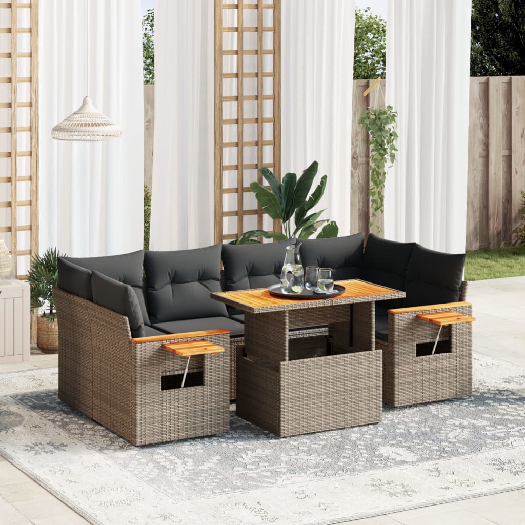 7 Pcs conjunto sofás p/ jardim c/ almofadões vime PE cinzento