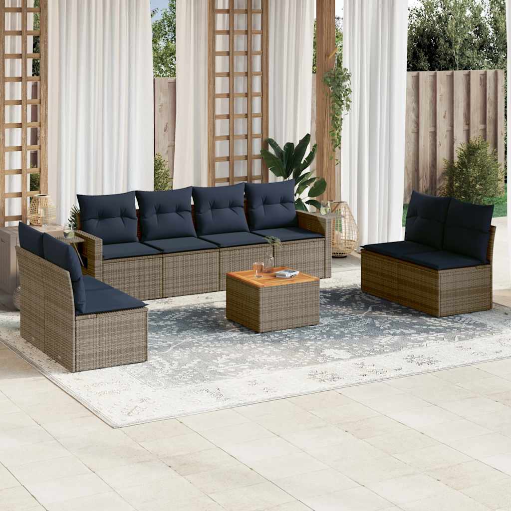 Conjunto de sofá de jardim de 9 peças com almofadas em rattan sintético cinza