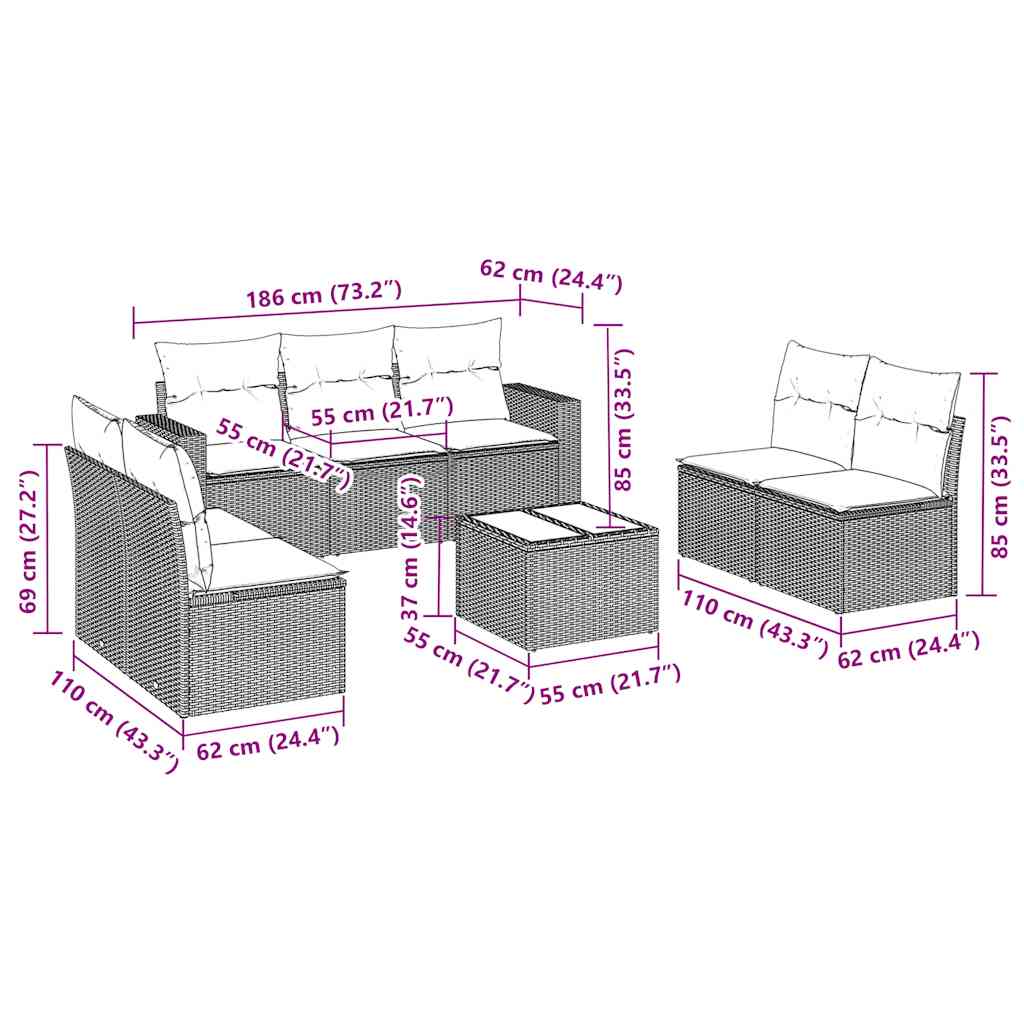 8 Pcs conjunto sofás de jardim com almofadões vime PE preto