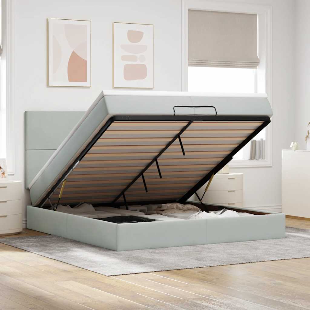 Estrutura cama otomana colchões 200x200cm veludo cinzento claro