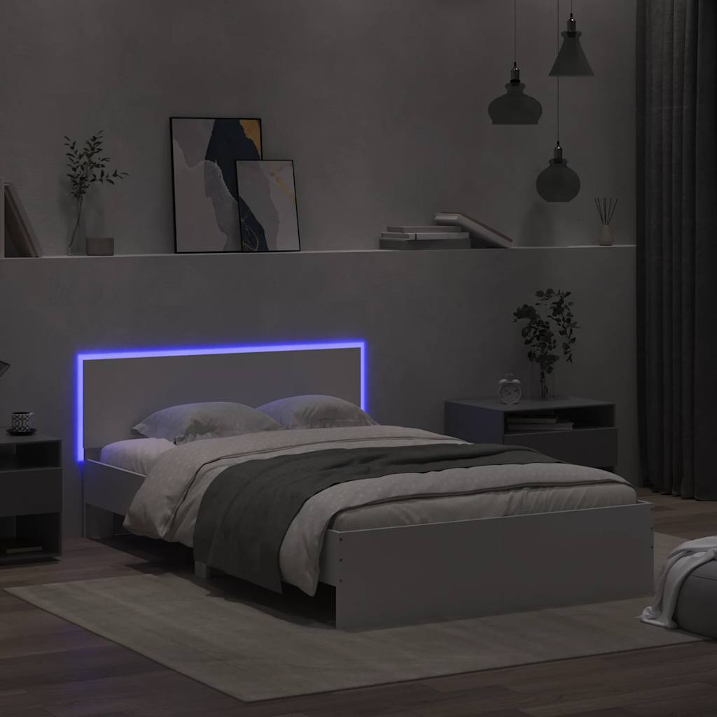 Estrutura de cama com cabeceira e luzes LED 140x200 cm branco