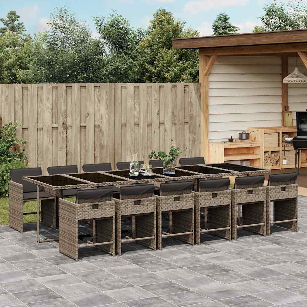 13 Pcs conjunto jantar p/ jardim c/ almofadões vime PE cinzento