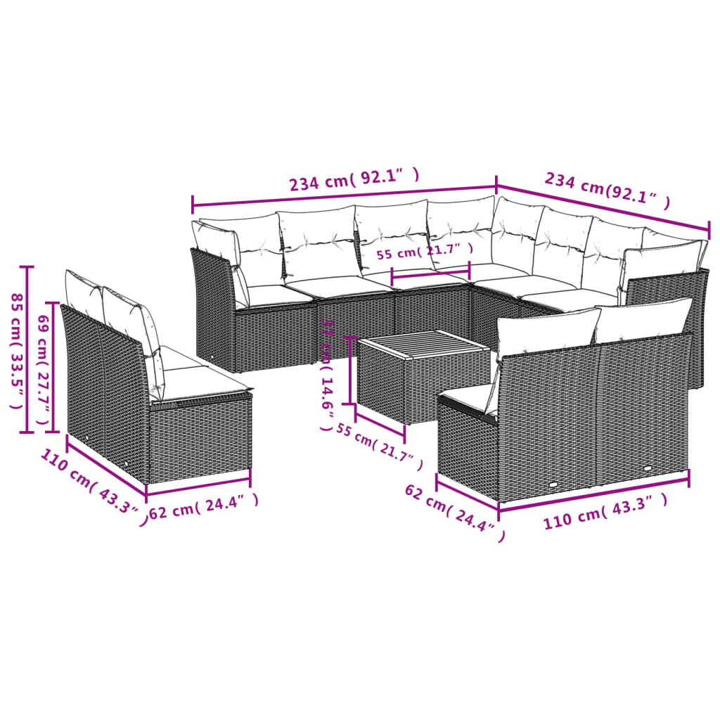 12 Pcs conjunto de sofás p/ jardim com almofadões vime PE bege