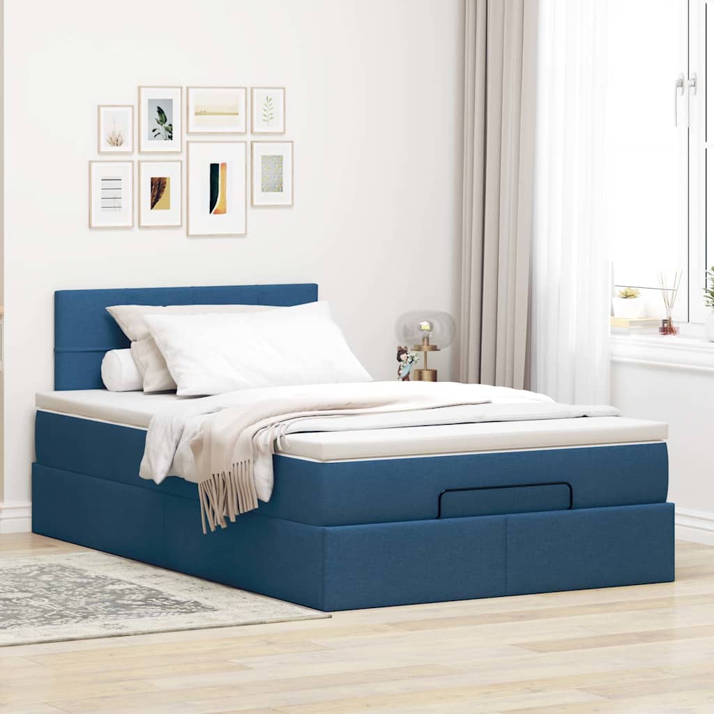 Cama otomana com colchão & leds 120x190cm tecido azul