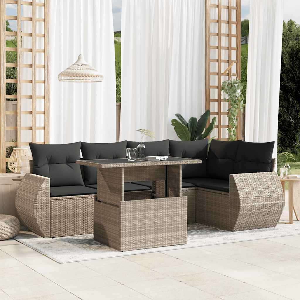 6 Pcs conj. sofás jardim com almofadões vime PE cinzento-claro