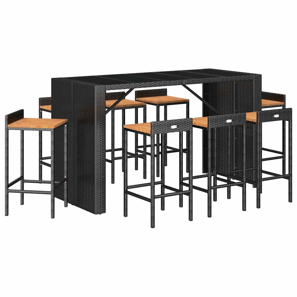 9 Pcs conjunto de bar p/ jardim vime PE/acácia maciça preto