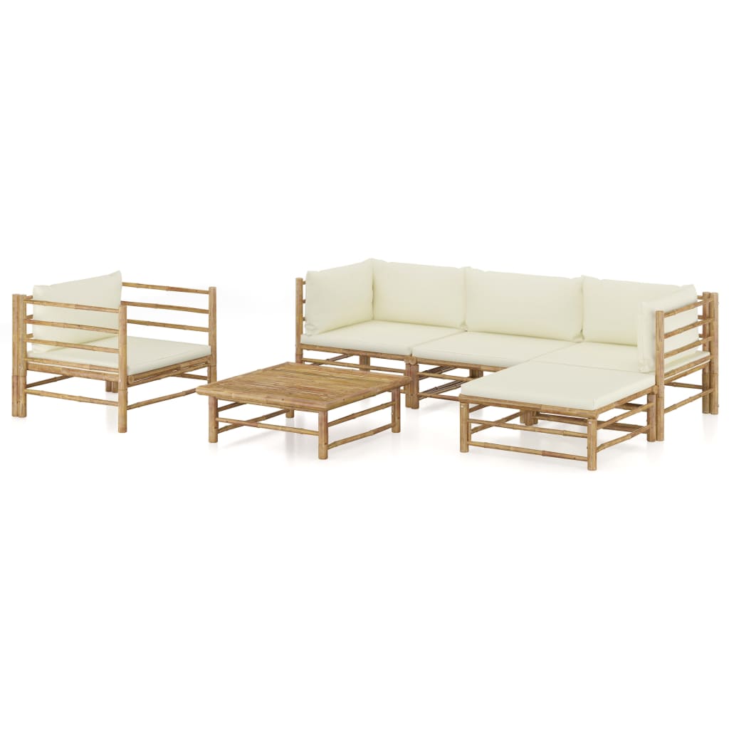 6 Pcs conj. lounge p/ jardim em bambu c/ almofadões branco nata