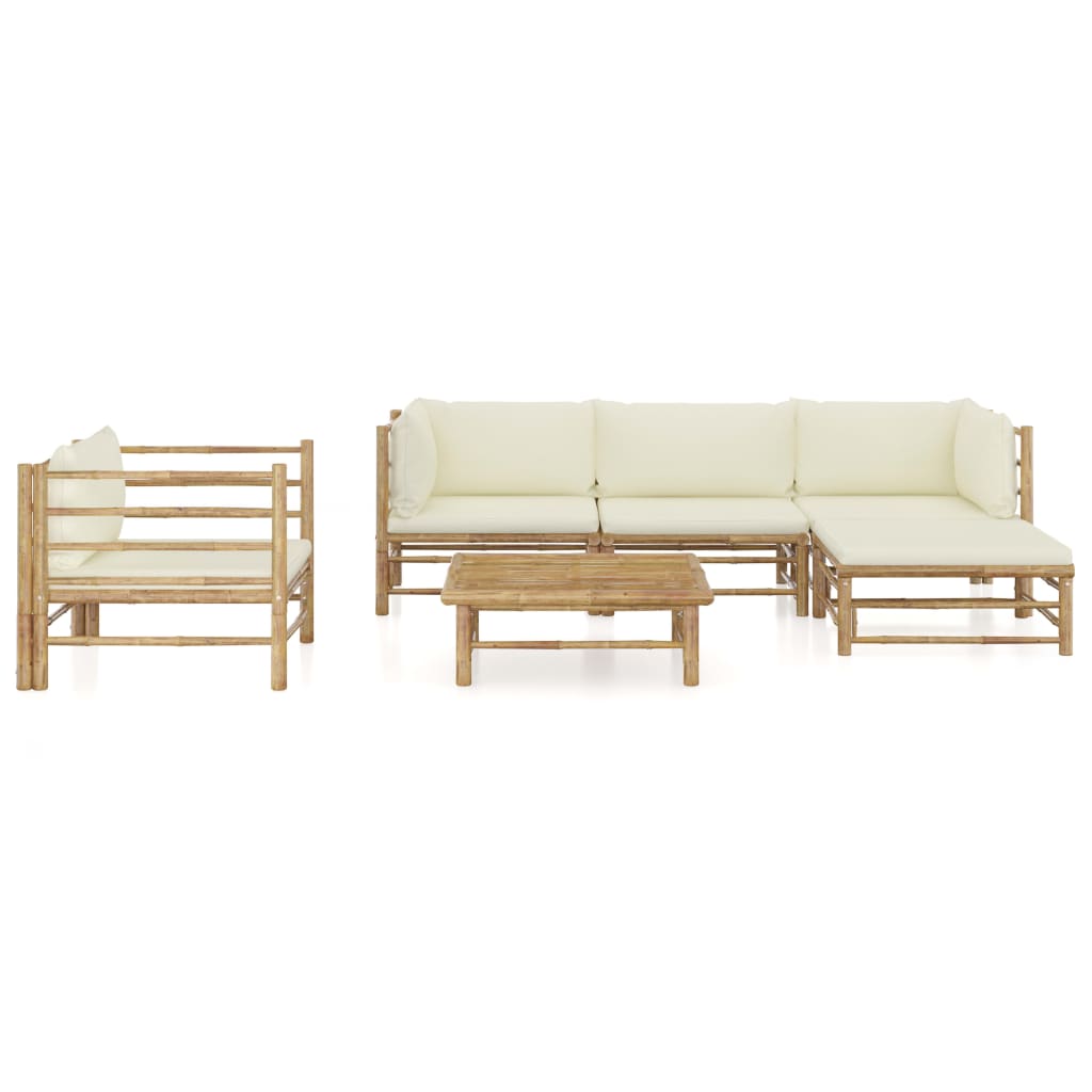 6 Pcs conj. lounge p/ jardim em bambu c/ almofadões branco nata