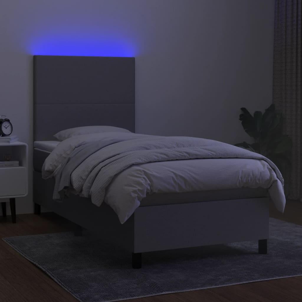 Cama box spring c/ colchão e LED 90x200 cm tecido cinza-claro