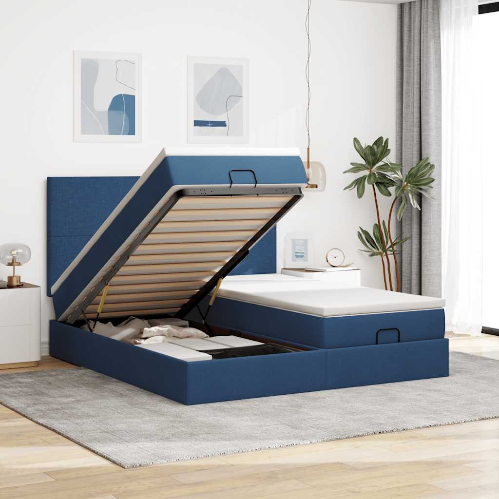 Estrutura de cama otomana com colchões 180x200cm tecido azul