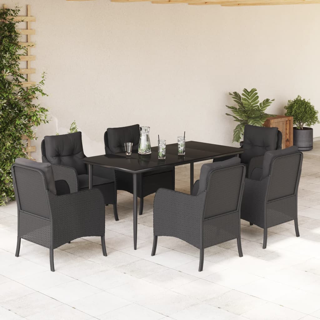 7 Pcs conjunto de jantar p/ jardim c/ almofadões vime PE preto