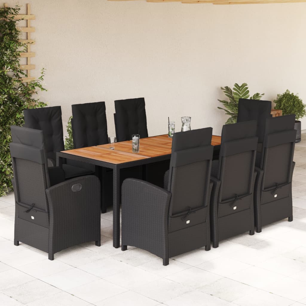 9 Pcs conjunto de jantar p/ jardim c/ almofadões vime PE preto