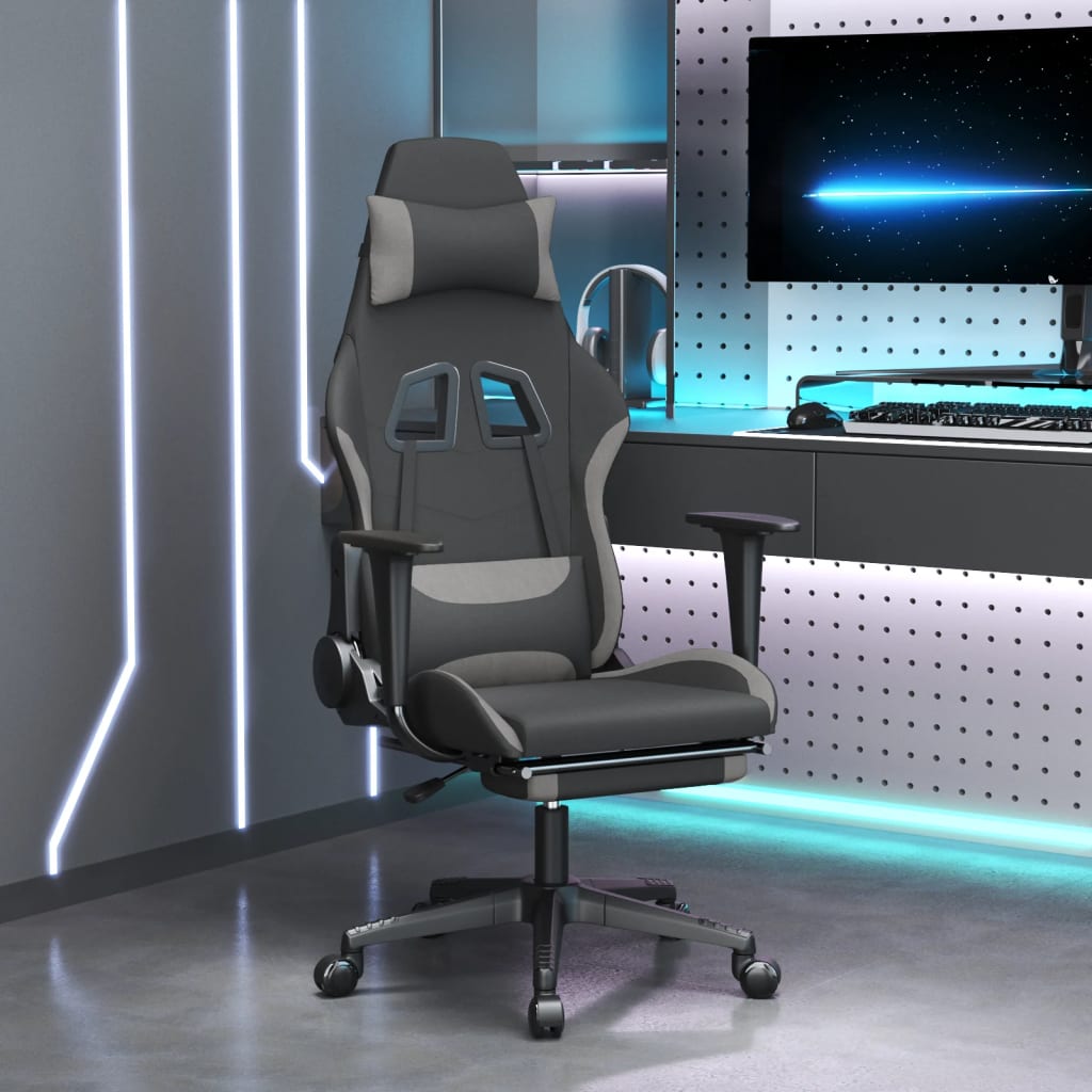 Cadeira de gaming com apoio de pés tecido preto e cinza-claro