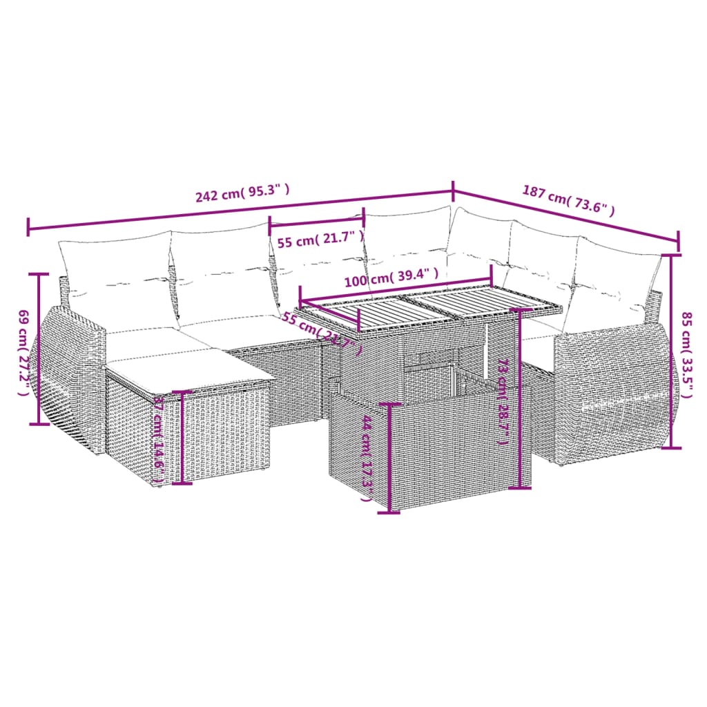 8 Pcs conjunto de sofás p/ jardim com almofadões vime PE bege