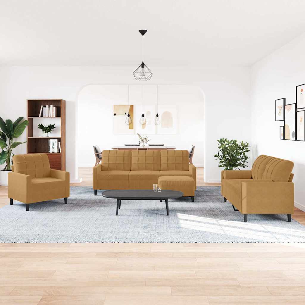 4 Pcs conjunto de sofás com almofadões veludo castanho