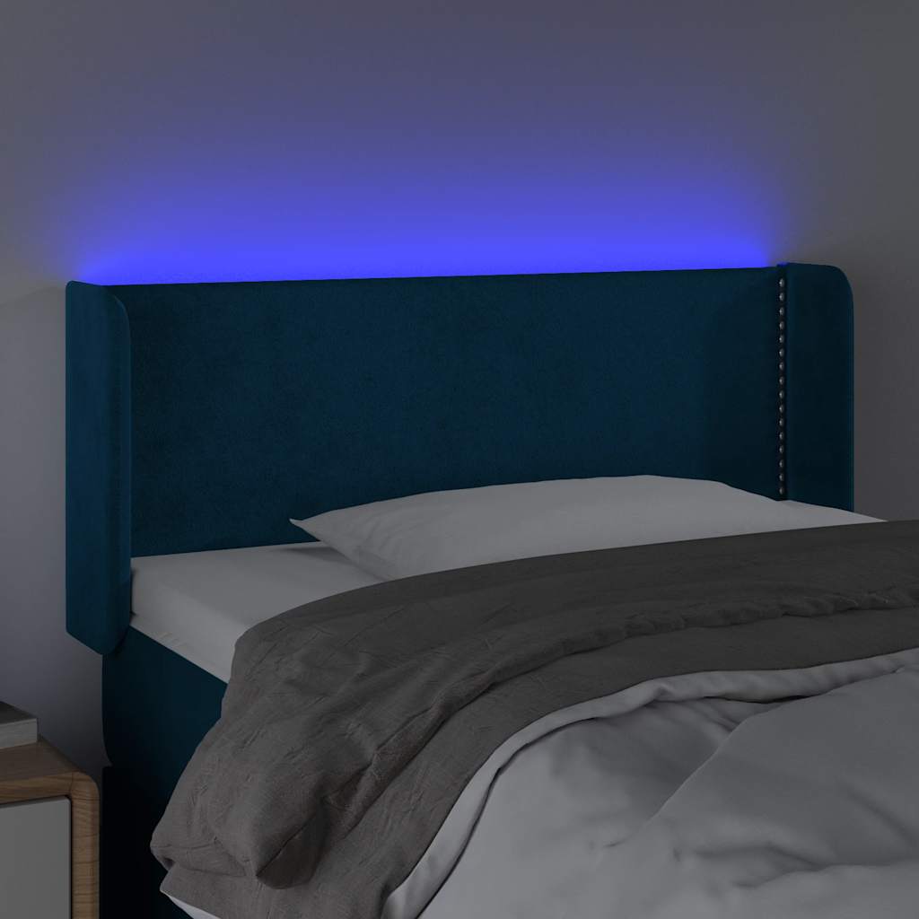 Cabeceira cama c/ luzes LED veludo 103x16x78/88 cm azul-escuro