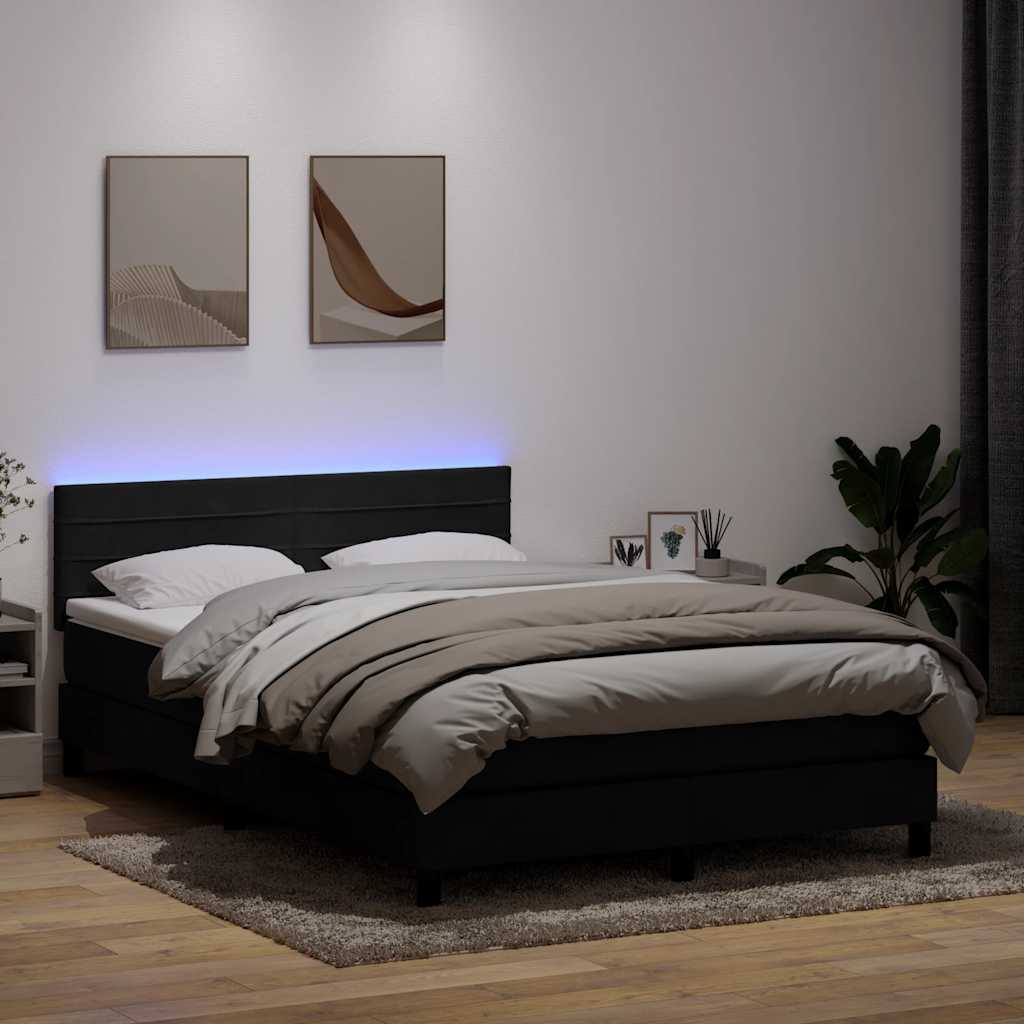 Cama box spring c/ colchão e LED 160x210 cm veludo preto