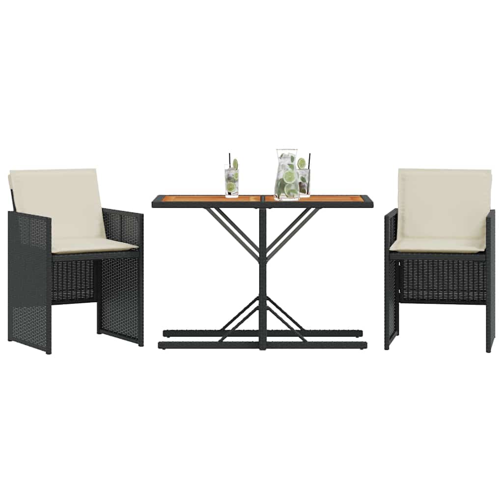 3 Pcs conjunto de bistrô com almofadões vime PE preto
