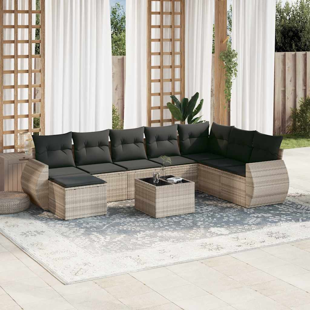 9 Pcs conj. sofás jardim com almofadões vime PE cinzento-claro
