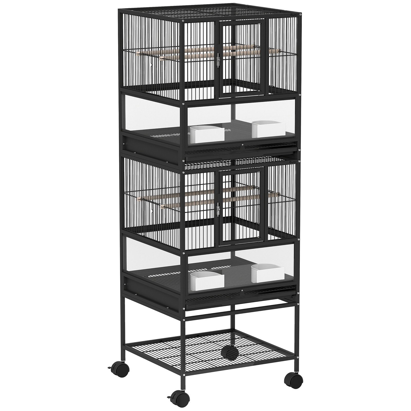 Gaiola para pássaros de 2 níveis com rodas painéis acrílicos comedouros prateleira bandejas amovíveis 48x46x134,5 cm preto