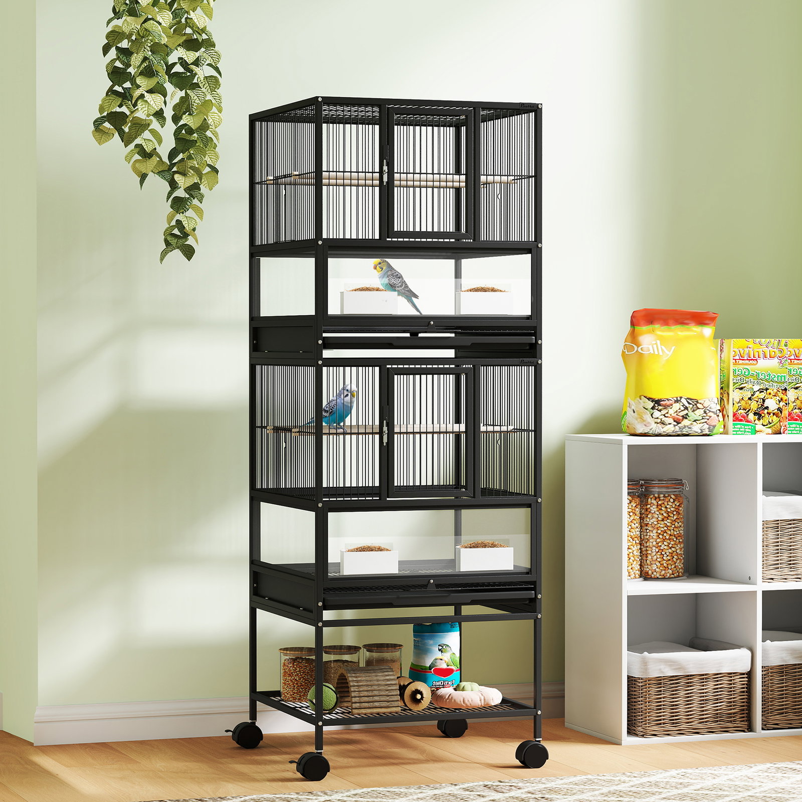Gaiola para pássaros de 2 níveis com rodas painéis acrílicos comedouros prateleira bandejas amovíveis 48x46x134,5 cm preto