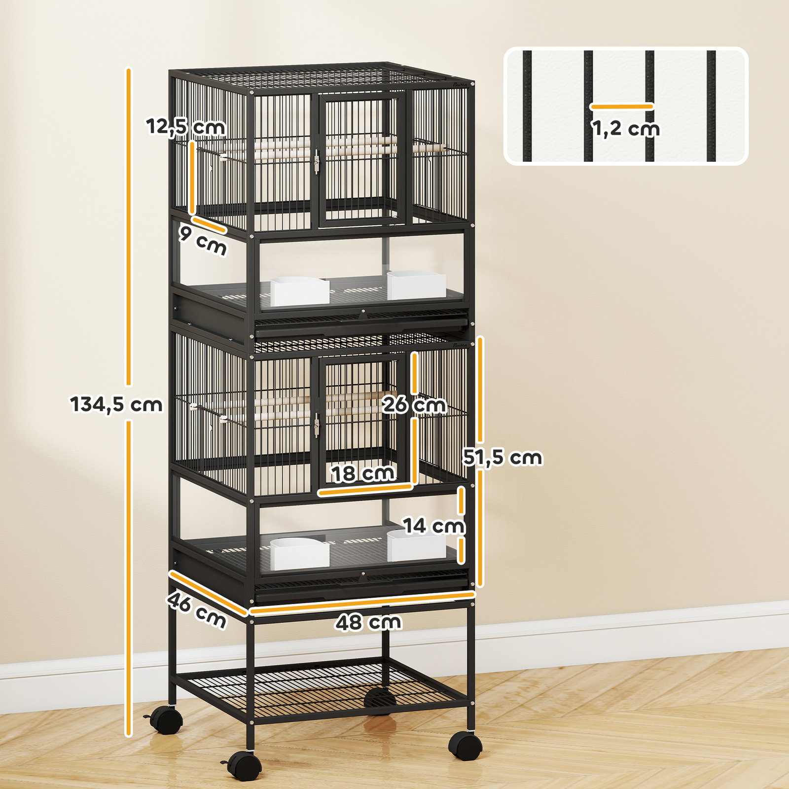 Gaiola para pássaros de 2 níveis com rodas painéis acrílicos comedouros prateleira bandejas amovíveis 48x46x134,5 cm preto