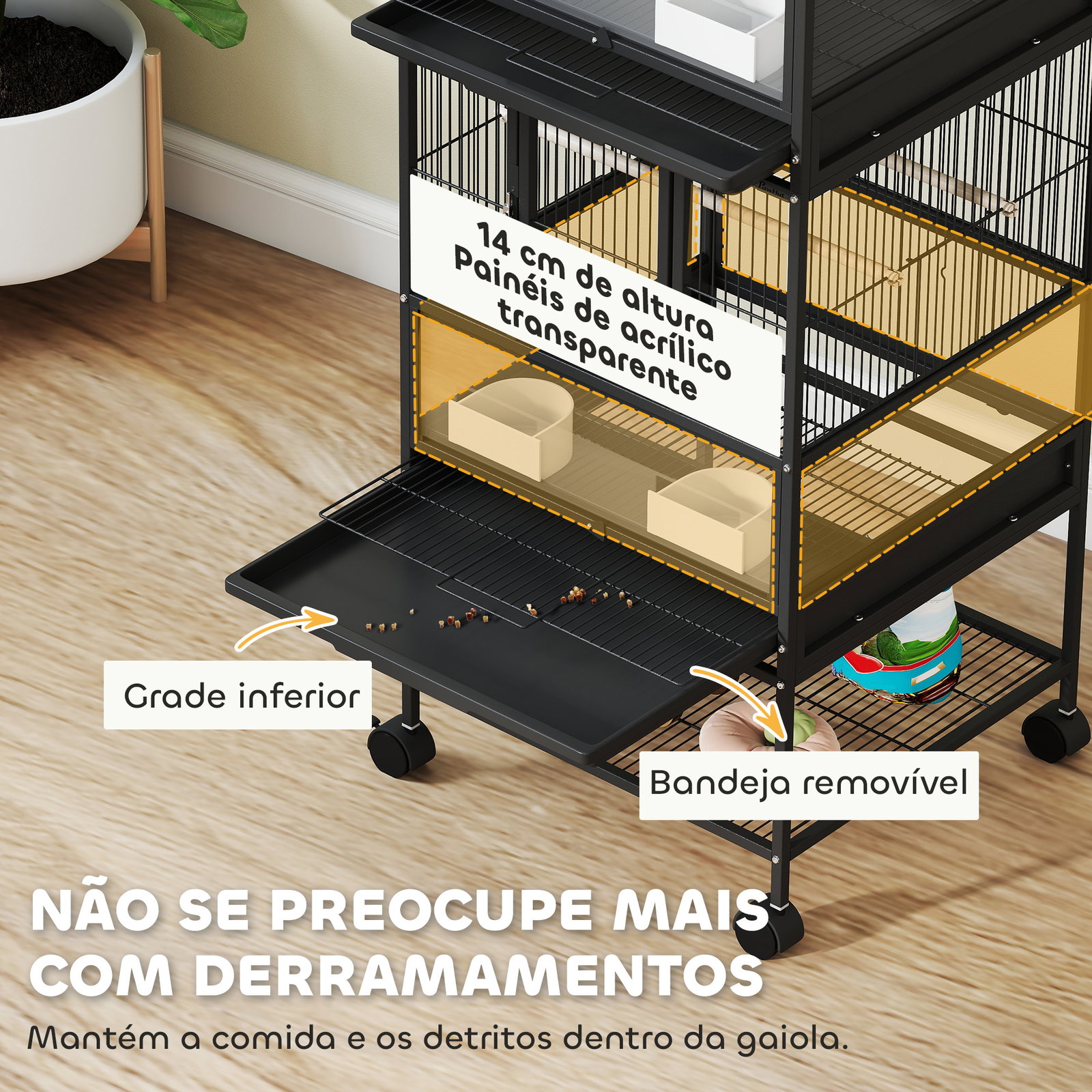 Gaiola para pássaros de 2 níveis com rodas painéis acrílicos comedouros prateleira bandejas amovíveis 48x46x134,5 cm preto