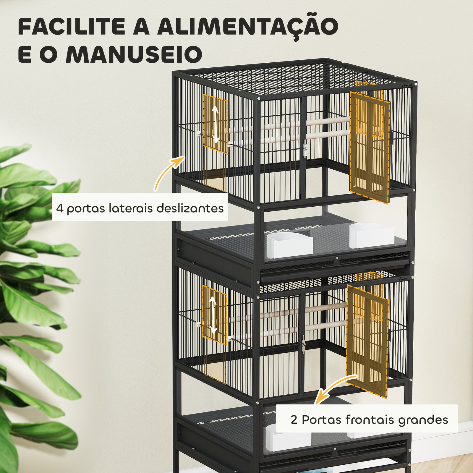 Gaiola para pássaros de 2 níveis com rodas painéis acrílicos comedouros prateleira bandejas amovíveis 48x46x134,5 cm preto