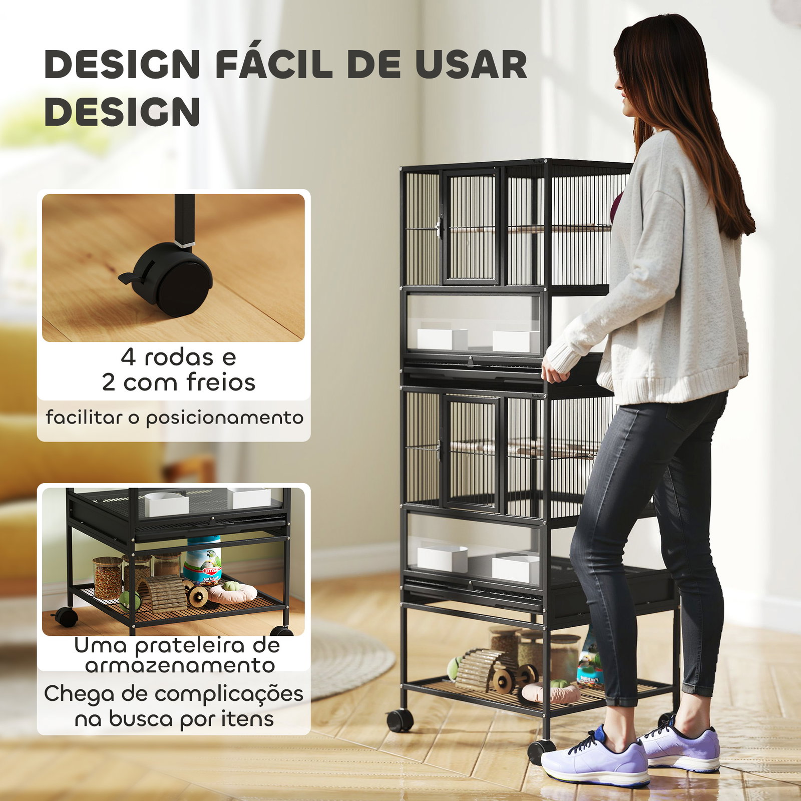 Gaiola para pássaros de 2 níveis com rodas painéis acrílicos comedouros prateleira bandejas amovíveis 48x46x134,5 cm preto