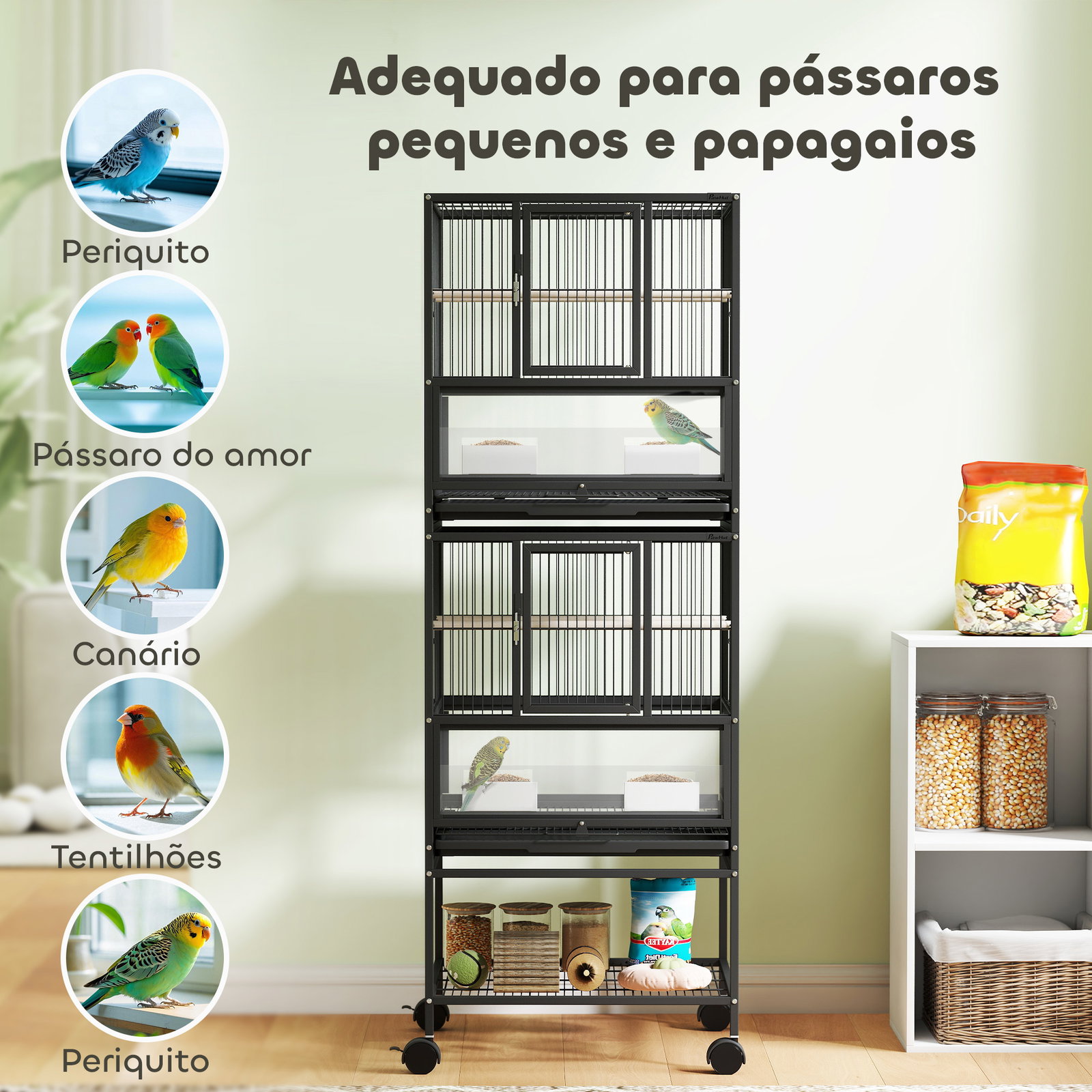 Gaiola para pássaros de 2 níveis com rodas painéis acrílicos comedouros prateleira bandejas amovíveis 48x46x134,5 cm preto