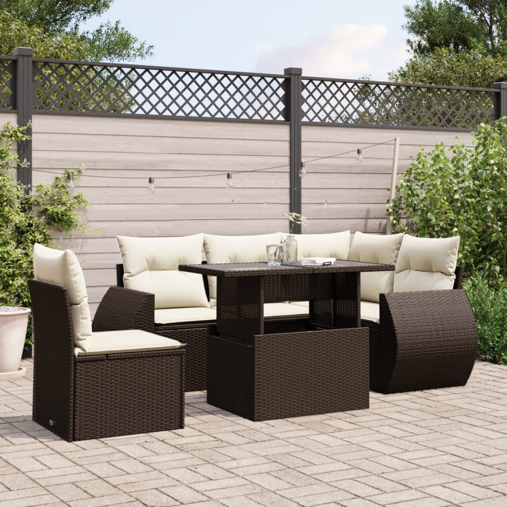 6 Pcs conjunto de sofás jardim c/ almofadões vime PE castanho