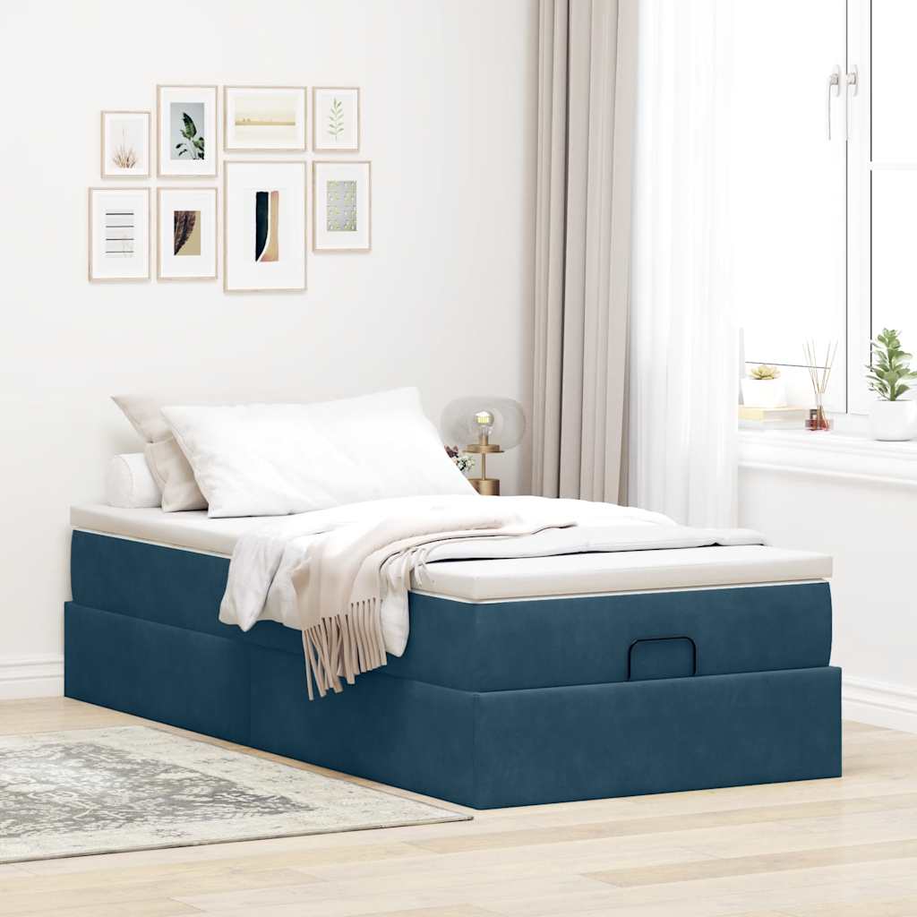 Estrutura cama otomana com colchão azul escuro 90x190cm veludo